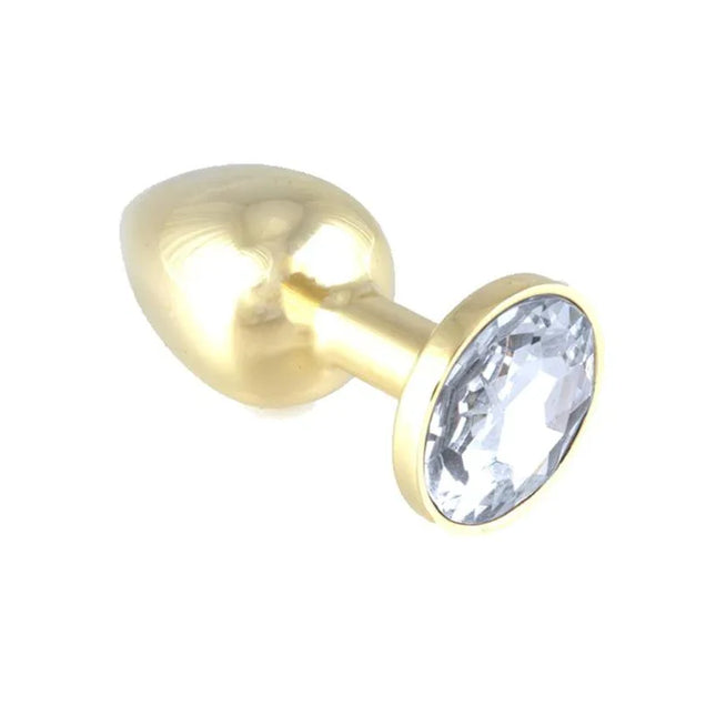 Butt plug, metal-7,3 cm long, stainless steel with gold-transparent finish and glass accent top, luxurious anal plug
