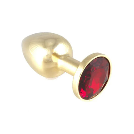Butt plug, metal-7,3 cm long with red glass top, stainless steel anal plug, luxury sex toy for temperature play and BDSM.