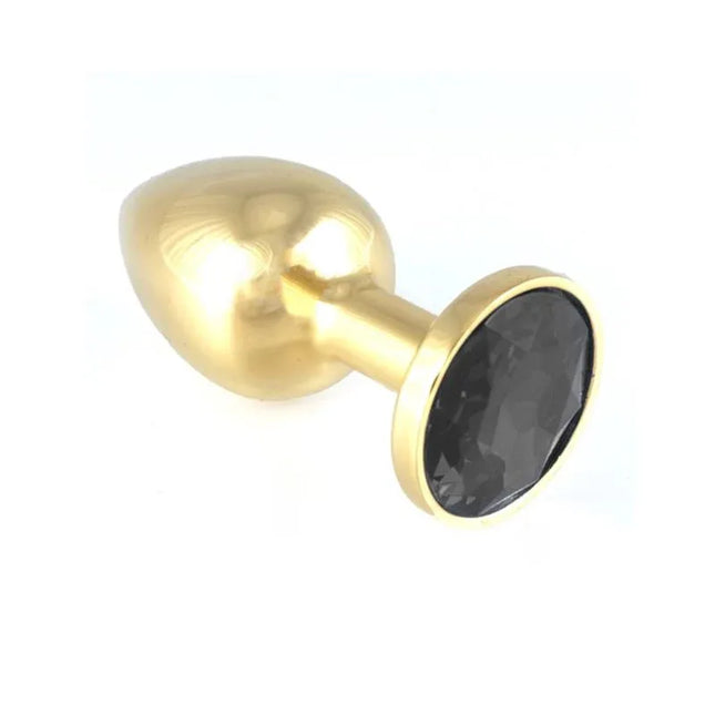 Butt plug, metal-7,3 cm long, gold-black stainless steel with black glass cap for BDSM.