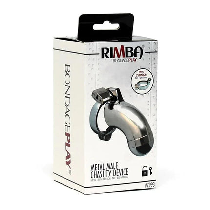 Packaging for metal male penis chastity 45 MM with smooth design and secure padlock by Rimba, Bondage Play series.