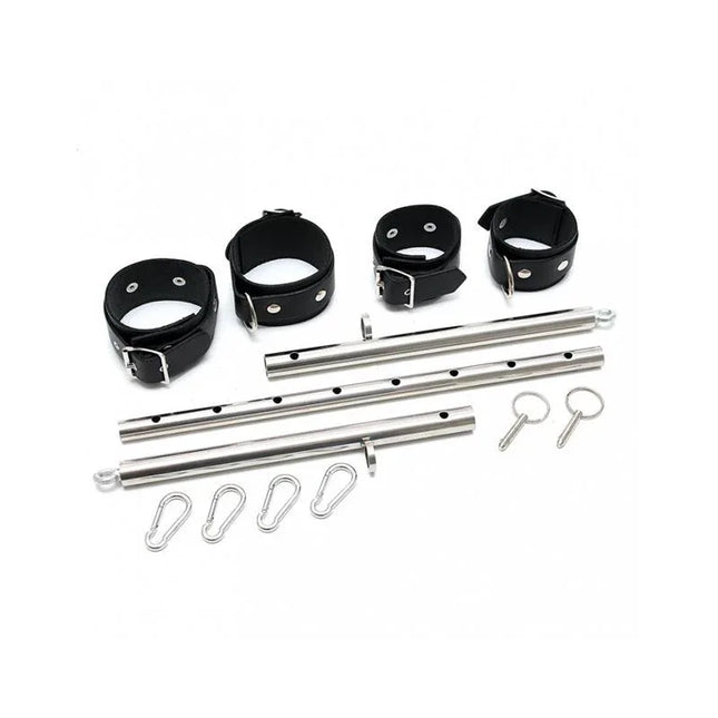 Spreadbar, metal with cuffs-Adjustable featuring metal bar, leather cuffs, and attachment rings for versatile bondage play.