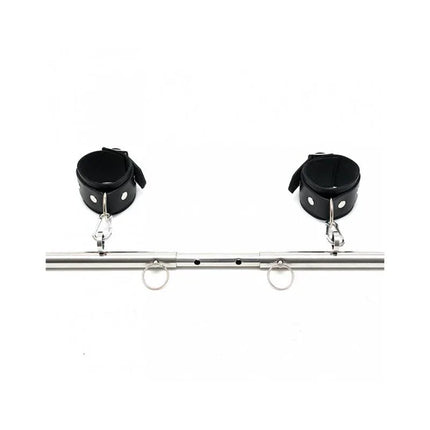 Spreadbar, metal with cuffs-Adjustable, featuring leather cuffs, metal bar, and attachment rings for versatile play.