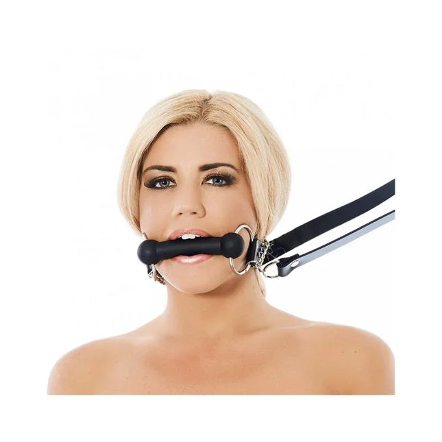 Mouth gag-Adjustable with silicone mouthpiece and leather straps for secure fit in BDSM play.
