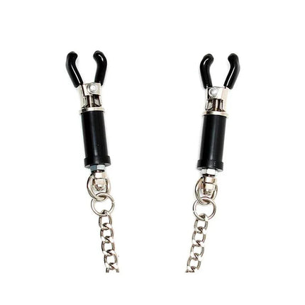 Nipple clamps-Adjustable with chain, black and silver finish for BDSM play.