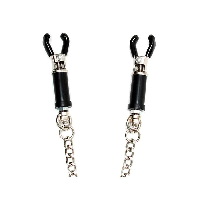 Nipple clamps-Adjustable with chain, black and silver finish for BDSM play.