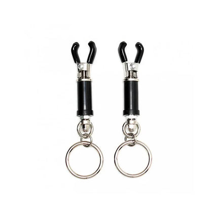 Nipple clamps-Adjustable in black and silver with chain-free design and tension rings for BDSM play.