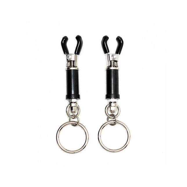 Nipple clamps-Adjustable in black and silver with chain-free design and tension rings for BDSM play.