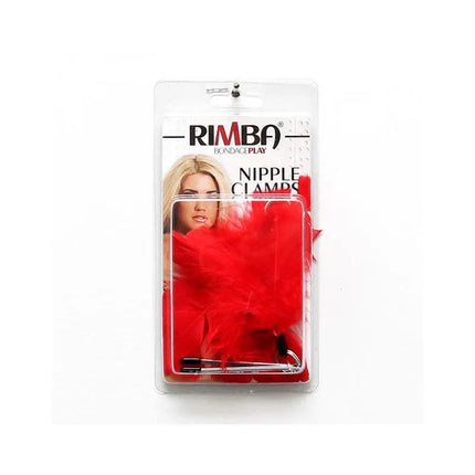 Nipple clamps-Adjustable BDSM accessory with red feathers for enhanced sensation.