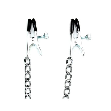 Nipple clamps, L-Adjustable with silver chain for BDSM play, featuring large adjustable clamps to enhance sensation.