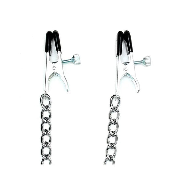Nipple clamps, L-Adjustable with silver chain for BDSM play, featuring large adjustable clamps to enhance sensation.