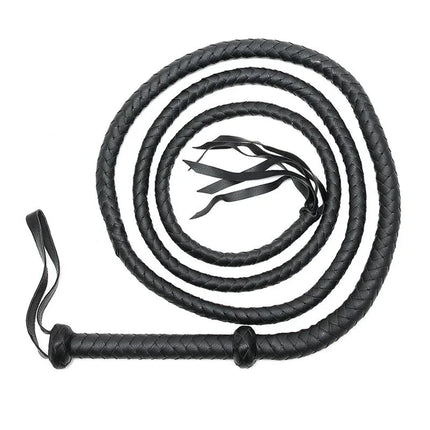 Whip 250 cm, black PU leather BDSM accessory, 250 cm long, sleek design, durable handle, braided texture for consensual play.