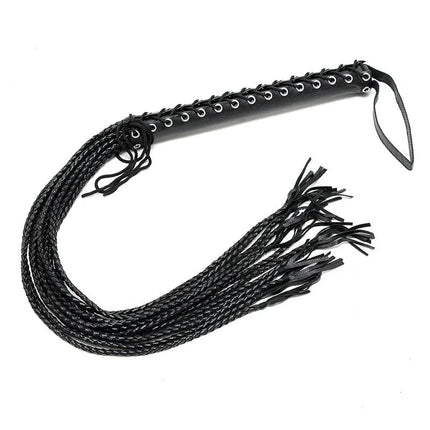 Flogger Leather 90 cm with classic black design, genuine leather, 90 cm length, ideal for BDSM, shown against a white background.