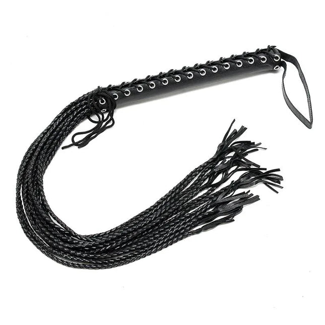 Flogger Leather 90 cm with classic black design, genuine leather, 90 cm length, ideal for BDSM, shown against a white background.