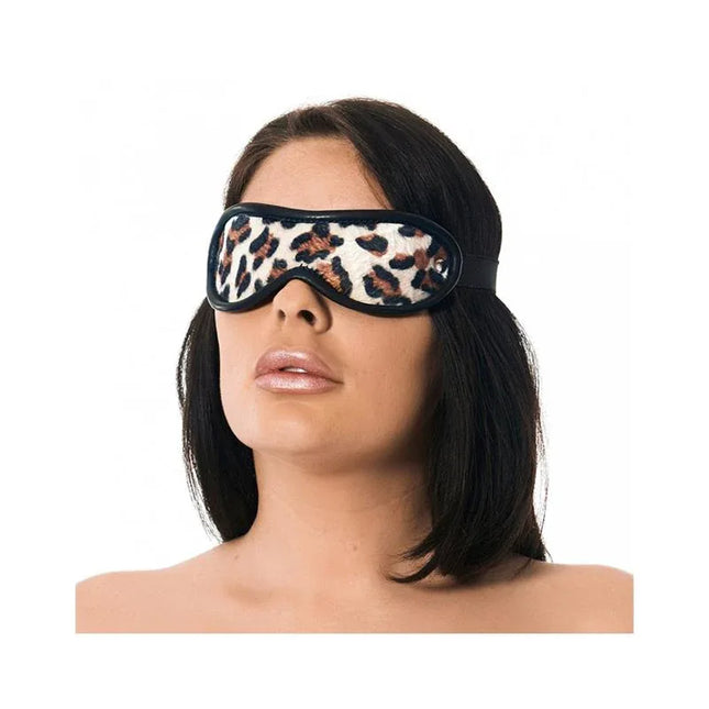 Woman wearing Leopard Print Leather Blindfold for sensory play.