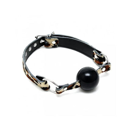 Mouthgag-Adjustable leather mouth gag with leopard print and black silicone ball, featuring back buckle for customizable fit.