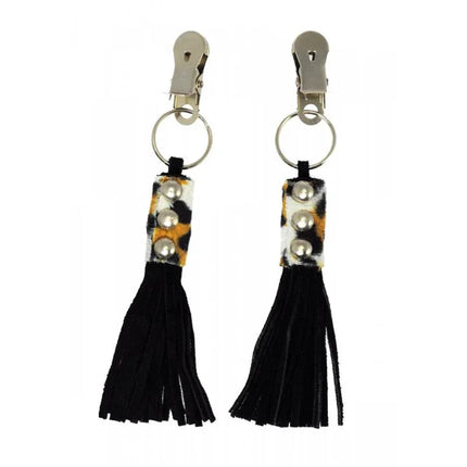 Nipple clamps with leopard print leather whips for sensory play by Rimba.