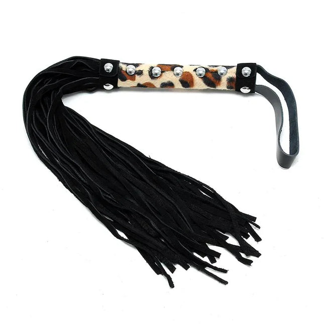 Flogger Leopard 44 cm with black leather tails and leopard print handle for BDSM play.