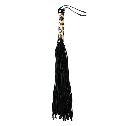 Flogger Leopard 44 cm premium leather, black and leopard design, crafted for BDSM play with 36 tails for controlled impact.