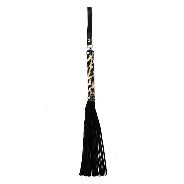 Flogger Leopard 35 cm - Premium genuine leather BDSM flogger with leopard print handle, ideal for erotic play.
