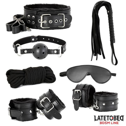 7 Bondage Pieces Set from Latetobed BDSM Line featuring cuffs, ball gag, and more for consensual play