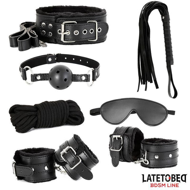 7 Bondage Pieces Set from Latetobed BDSM Line featuring cuffs, ball gag, and more for consensual play