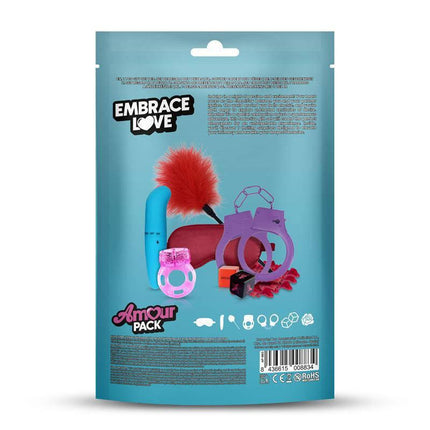 Packaging of Amour Pack's 7 Pcs Gift Set Embrace Love featuring cuffs, feather, and intimate accessories for couples.