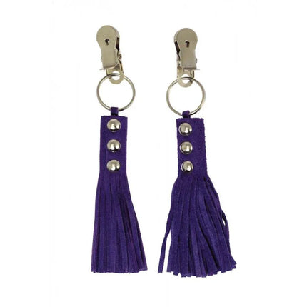 Nipple clamps with purple leather whips by Rimba, featuring metal clamps and bold leather accents for adventurous play and heightened sensations.