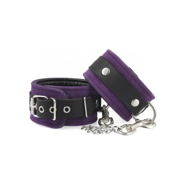Foot cuffs-Adjustable in premium leather with purple and black design, perfect for BDSM enthusiasts seeking comfort and durability.