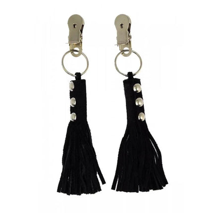 Rimba nipple clamps with attached black leather whips for heightened sensation