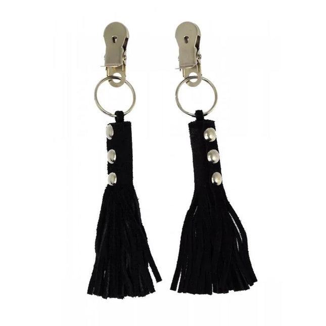 Rimba nipple clamps with attached black leather whips for heightened sensation
