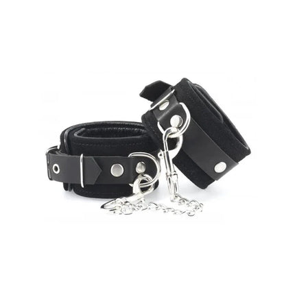 Hand cuffs-Adjustable in real black leather with suede exterior, premium design for comfortable and durable restraint.