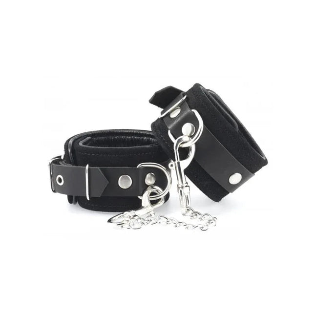 Hand cuffs-Adjustable in real black leather with suede exterior, premium design for comfortable and durable restraint.