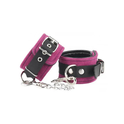 Foot cuffs-Adjustable with pink suede and black leather design for secure restraint.