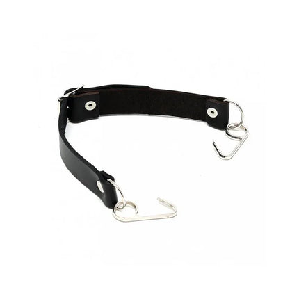 Mouthgag with smile hooks-Adjustable in black leather with metal hooks and buckle for secure fit.