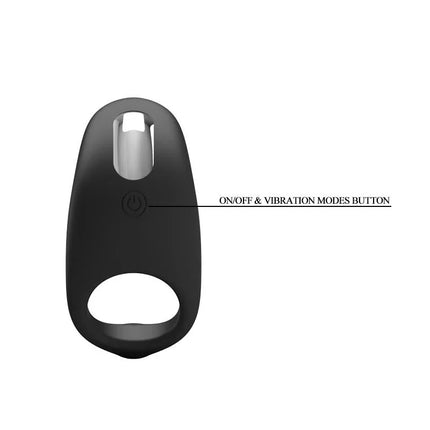 Cockring Gemma USB Silicone Black showing on/off and vibration modes button for versatile stimulation.