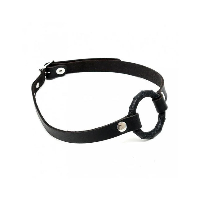 Black leather Mouthgag with O-ring-Adjustable for BDSM, featuring comfort lining and back buckle for easy size adjustment.
