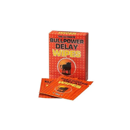 Bull Power Wipes Delay 6 x 2 ml packaging, featuring box and wipes designed to enhance intimacy with mild anesthetic effect.
