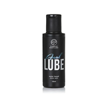 CBL Anal Lubricant Water Base 100 ml EN/ES/PO/IT in black bottle with blue label, latex-safe, water-based, for comfortable anal pleasure.