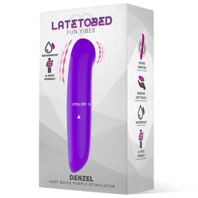 Denzel Stimulator Easy Quick Purple in packaging with G-spot feature, waterproof and strong vibration highlights.