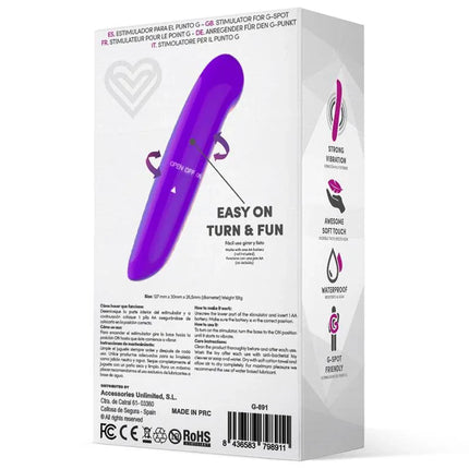 Denzel Stimulator Easy Quick Purple in packaging with features for G-spot stimulation, waterproof design and powerful vibrations.