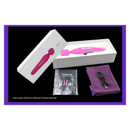 Masager and Vibe Electro Fuchsia with packaging, user manual, and charging cable