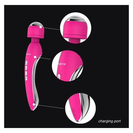 Masager and Vibe Electro Fuchsia with dual motors and 7 vibration functions, featuring close-up views and charging port.