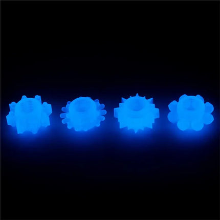 Lumino Play Set 4 Penis Ring Blue Light glowing accessories in darkness