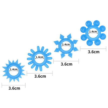 Lumino Play Set 4 Penis Ring Blue Light with glow-in-the-dark features, showing four differently shaped and sized blue rings.