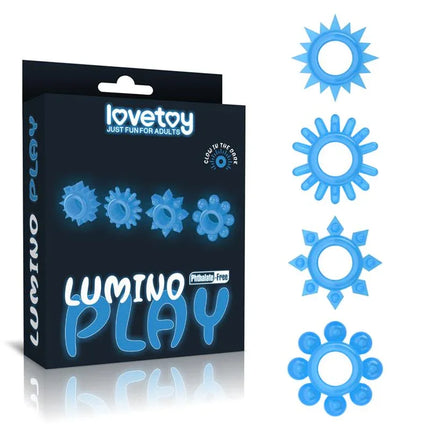 Lumino Play Set 4 Penis Ring Blue Light glow-in-the-dark cock rings in package and individual ring designs.