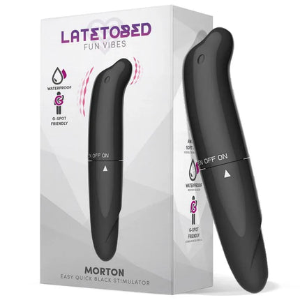 Morton Easy Quick Stimulator Black with packaging, featuring sleek design and G-spot friendly curvature for versatile use.