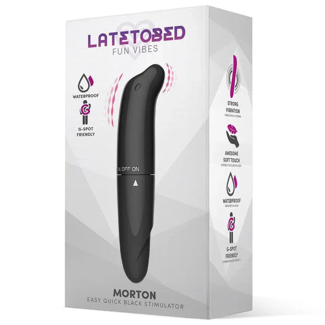 Morton Easy Quick Stimulator Black in packaging, highlighting G-spot targeting and waterproof features.
