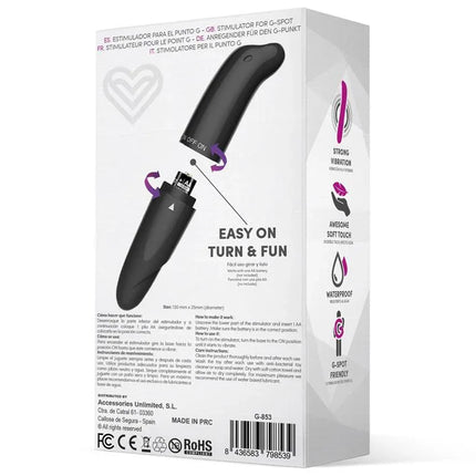 Morton Easy Quick Stimulator Black packaging showcasing features like waterproof, G-spot friendly, and strong vibration.