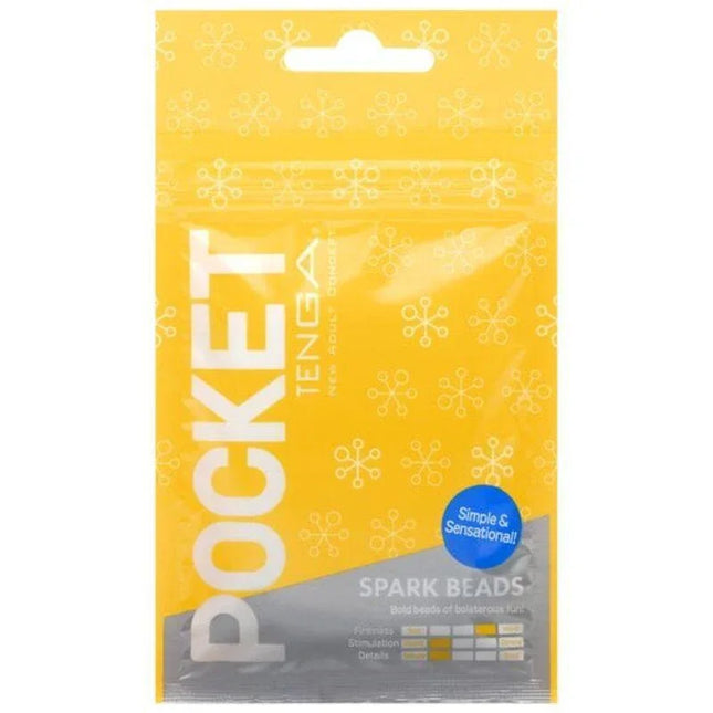 Packaging of Masturbator Pocket Spark Beads in bright yellow for discreet, on-the-go pleasure with flexible TPE material.