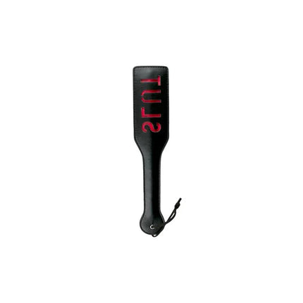 Black Leather Paddle - Slut with red inscription and ergonomic design for comfort and control.